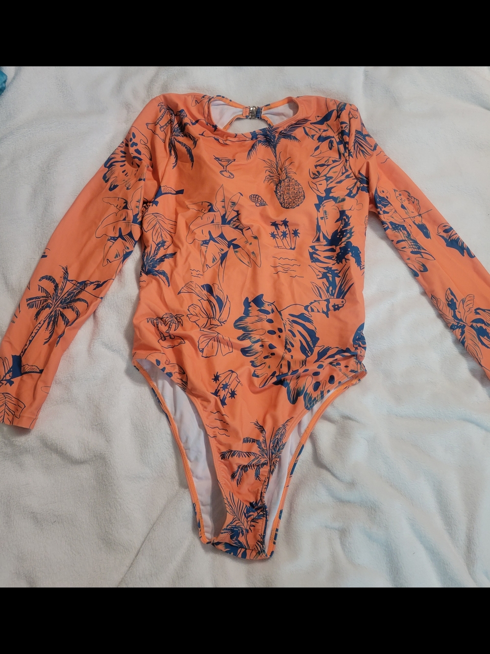 Orange Long-Sleeve Tropical One-Piece Swimsuit Size L NWOT